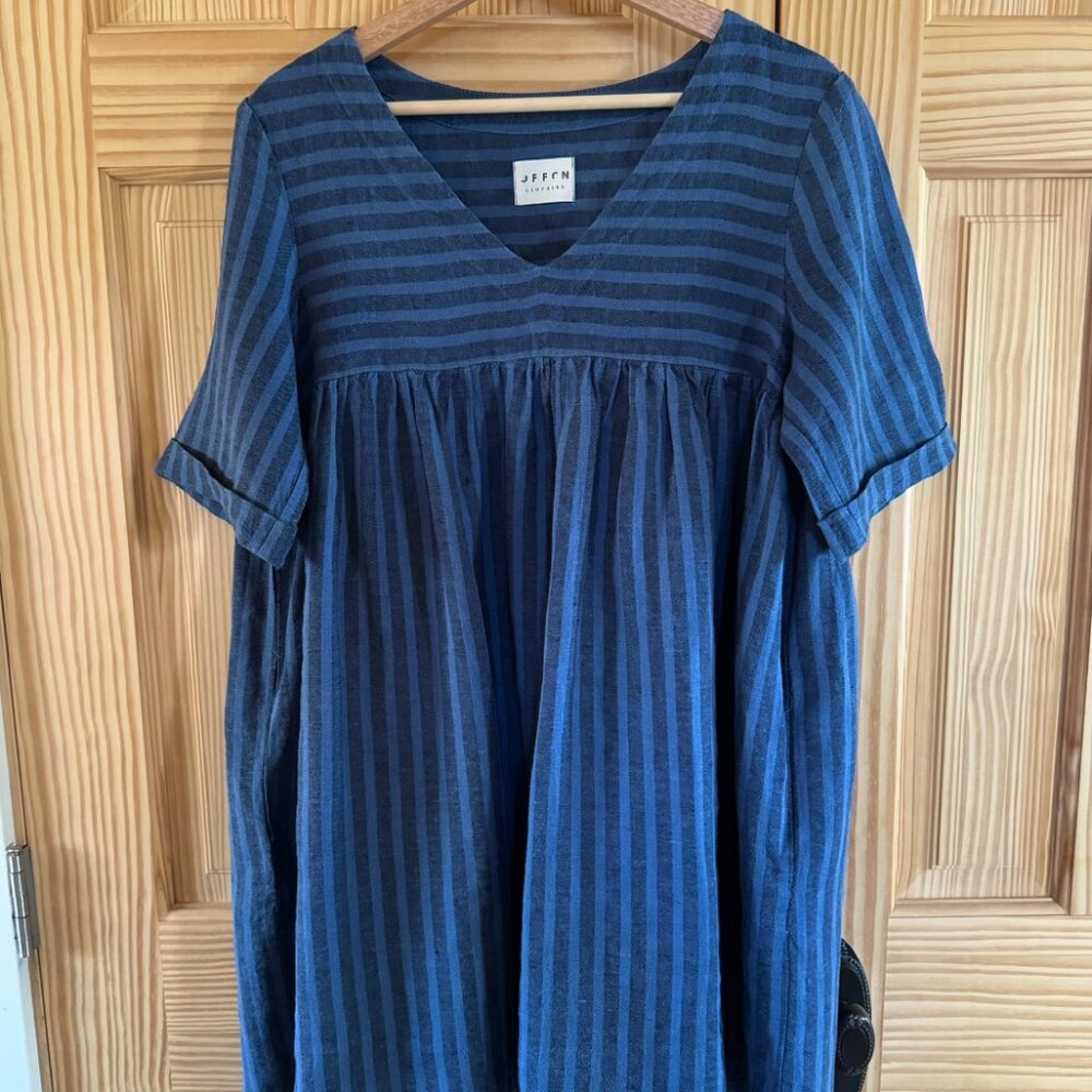OFFON Linen Smock Mini Dress Cecile, Navy & Blue Stripes, Small
